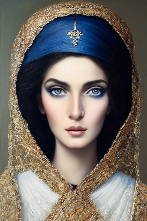 Image similar to ameera al taweel woman , bright blue eyes, wavy black hair, white veil, closeup, cinnamon skin color, elegant, highly detailed, centered, oil painting, artstation, concept art by tom bagshaw