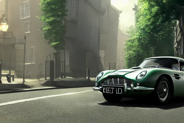 Image similar to a wholesome animation key shot of one focused short shrunk aston martin db 5, on a rich residential london street, waist height, medium range, studio ghibli, ( pixar ) and disney animation, sharp, very detailed, unreal engine 5 render, bloom, high resolution, anime key art by greg rutkowski