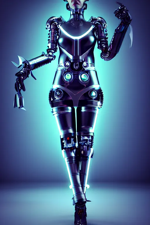 Image similar to edgy powerful female chrome futuristic cyborg with curved metal Loki horns and chrome motorcycle parts, full body, dark fantasy, neon bar lights, 3d render, octane, 8k, volumetric lighting, hyper-realistic,, diffuse lighting, intricate, highly detailed, lifelike, photorealistic, digital painting, trending on artstation, smooth, sharp focus