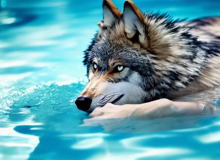 Prompt: A screenshot of An anime wolf girl bathing amongst the pool