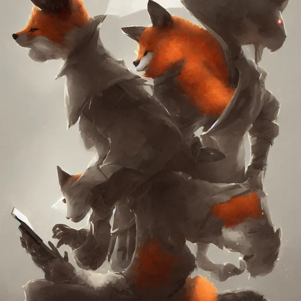 Image similar to an anthropomorphic fox wearing a hoodie and anonymous mask and sitting in front of a portable black computer, white background, concept art, digital painting, highly detailed, style by jordan grimmer and greg rutkowski, illustration