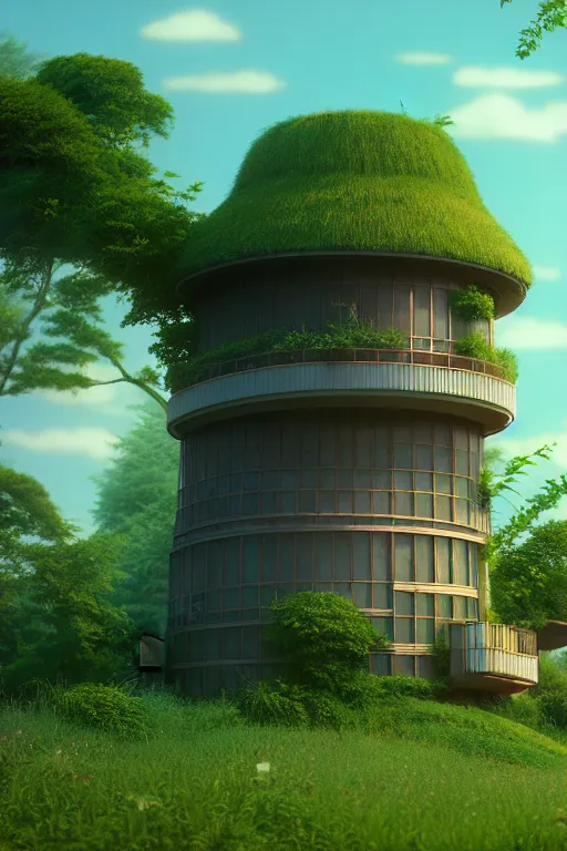 Image similar to cylindrical house, solarpunk, studio ghibli, jean - baptiste monge, octane render, 4 k