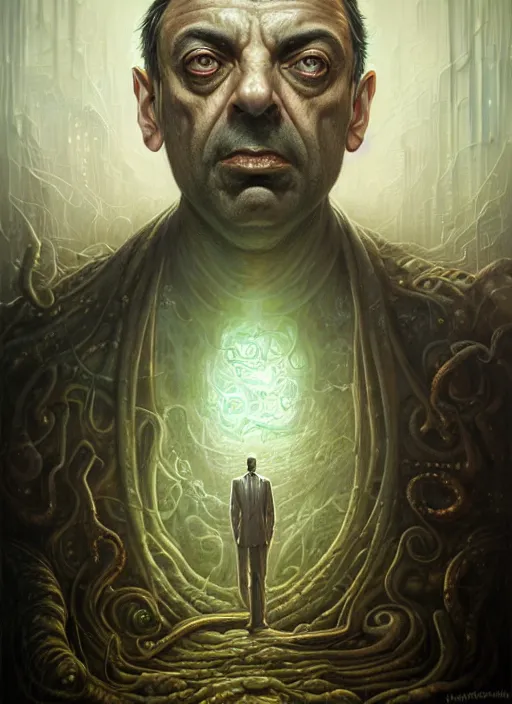 Image similar to lovecraft biopunk portrait of rowan sebastian atkinson, by tomasz alen kopera and peter mohrbacher