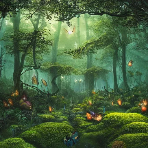 Prompt: a beautiful hyper realistic detailled matte painting of a dark serene forest of faeries at night, moss and flowers, butterflies by night, unreal engine, trending on artstation, barometric projection, rectilinear