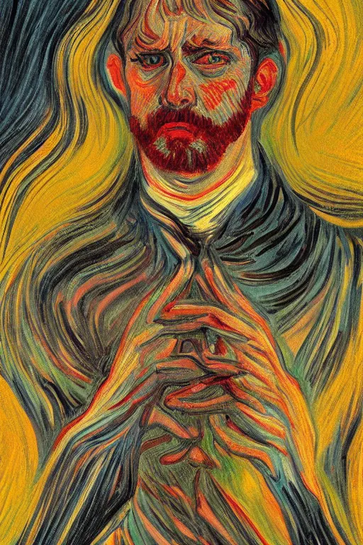 Image similar to portrait of the god of dreams, in the style of edvard munch, van gogh, digital art, artgerm, trending on artstation