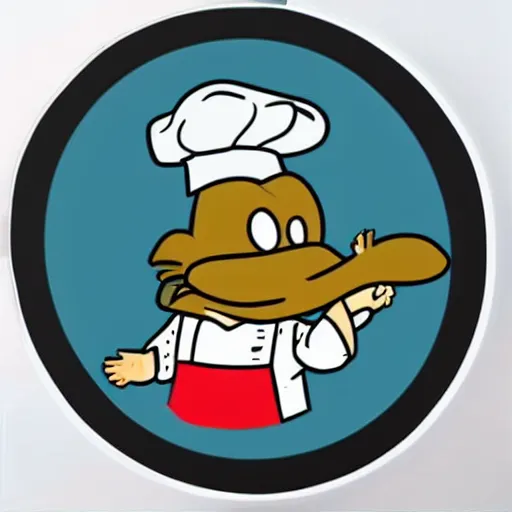 Prompt: cute platypus on a kitchen wearing a chef hat and holding a lasagna into an oven, logo style