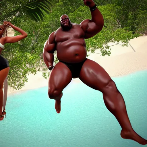 big black man with muscles, wearing coconut bikini