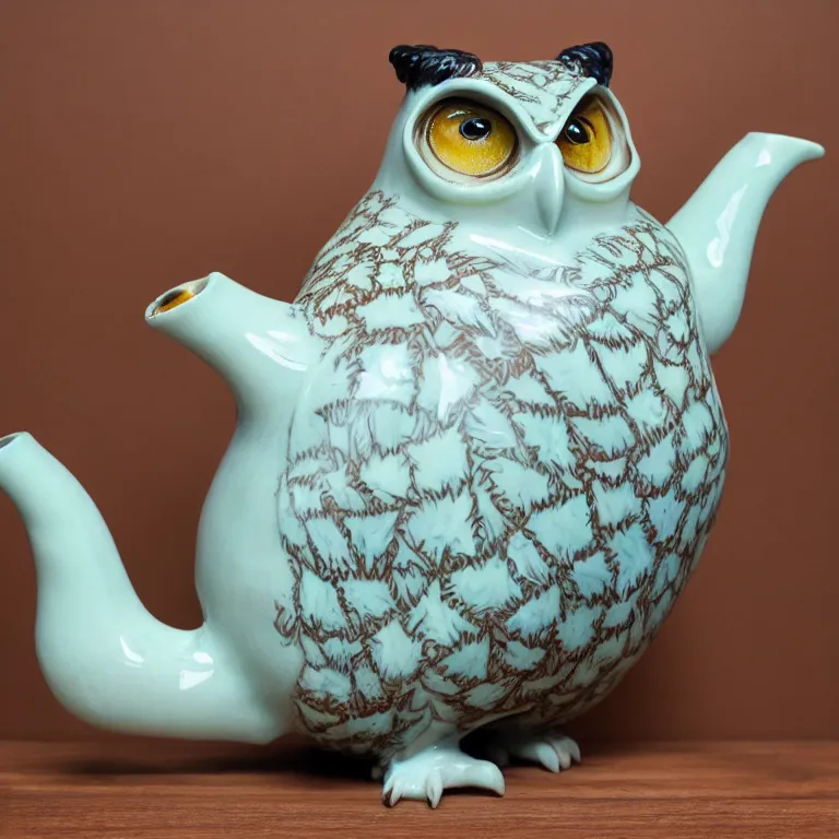 Prompt: Studio Photograph of Beautiful Handmade Porcelain Teapot in the shape of a Great Horned Owl Covered with sgraffito feathers, Glossy celadon glaze Bright Intense Colors shocking detail hyperrealistic trending on artstation