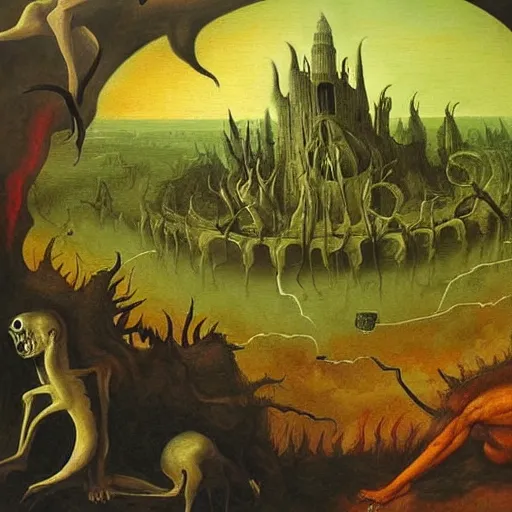 Prompt: horror mate painting of close up man been punish by daemons in hell, landscape designed by heironymous bosch with while god is watching everything, body parts everywhere, blood, fire, crimes, insanely detailed, horror, intricate, sharp focus, foggy