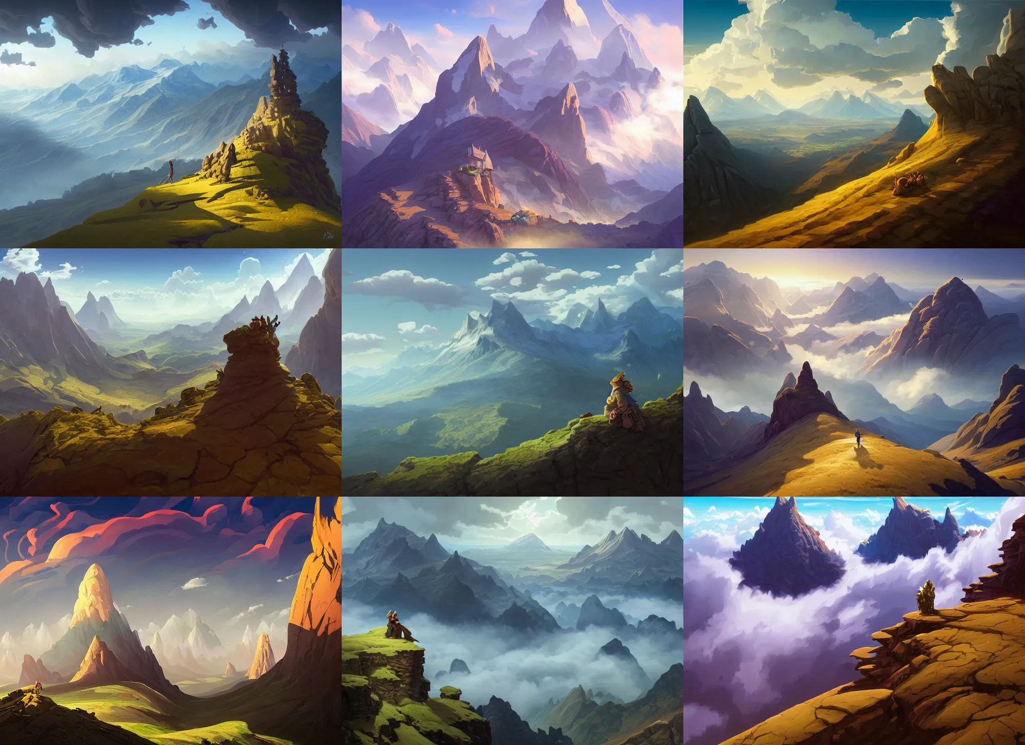 Prompt: mountain landscape without people, extreme view angle, above low layered clouds, deep focus, fantasy, intricate, elegant, highly detailed, digital painting, artstation, concept art, matte, sharp focus, illustration, hearthstone, art by rhads and artgerm and greg rutkowski and alphonse mucha.