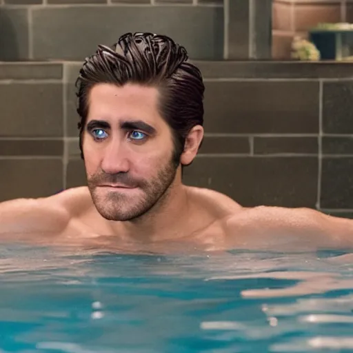 Prompt: cinestill of Jake Gyllenhaal sitting in a hot tub in the movie Waiting for Kristin