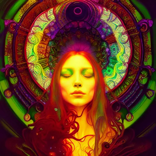 Image similar to An extremely psychedelic experience, colorful, surreal, dramatic lighting, magic mushrooms, psilocybin, LSD, face, detailed, intricate, elegant, highly detailed, digital painting, artstation, concept art, smooth, sharp focus, illustration, art by Krenz Cushart and Artem Demura and alphonse mucha