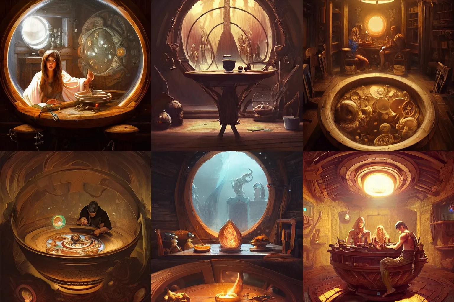 Prompt: A portal to another universe inside a big bowl. the bowl is on a wooden desk in a tavern. D&D, fantasy, intricate, cinematic lighting, highly detailed, digital painting, artstation, concept art, smooth, sharp focus, illustration, art by Artgerm and Greg Rutkowski and Alphonse Mucha