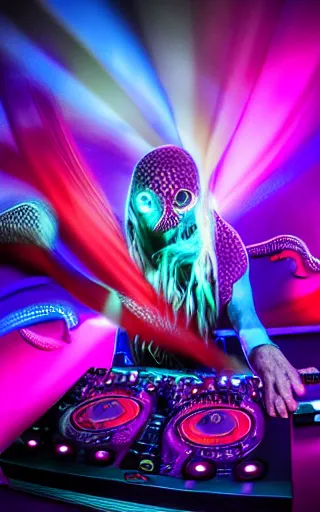 Image similar to award winning photo of an octopus! as a dj with tentacles! simultaneously placed turntables cdjs and knobs of a pioneer dj mixer. sharp, blue and fuschia colorful lighting, in front of a large crowd, studio, medium format, 8 k detail, volumetric lighting, wide angle, at an outdoor psytrance festival main stage at night