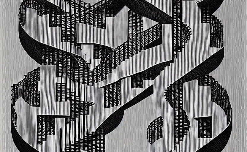 Image similar to twisted staircases. detailed abstract painting by josef albers, by mc escher, by raqib shaw, japanese popsurrealism,