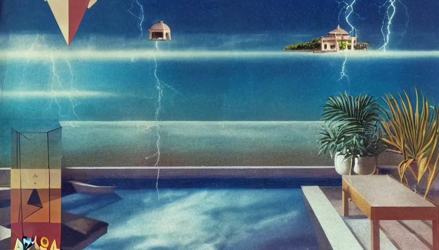 Image similar to A 1985 magazine architecture photo of a bedroom, mediterranean architecture, refracted lines and sparkles, thunderstorm outside, beach and Tropical vegetation on the background major arcana sky and occult symbols, hyperrealistic 8k uhd, award-winning, 1985