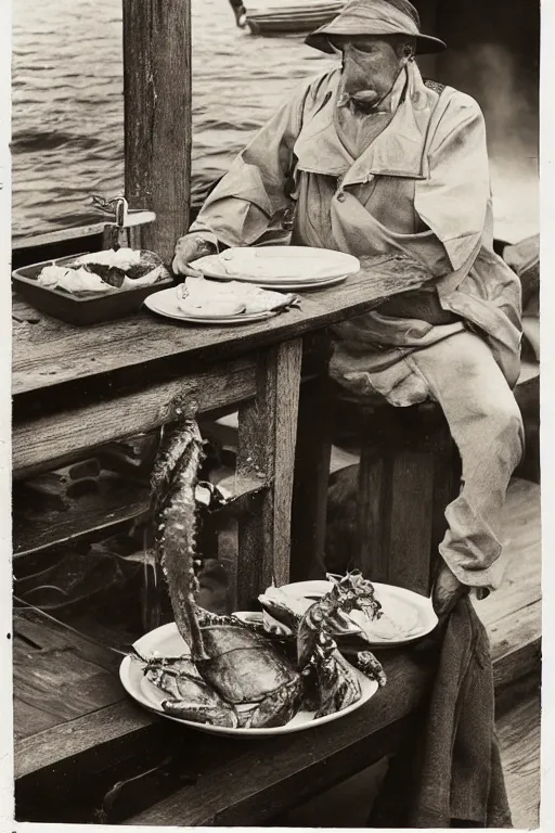 Image similar to the gortons fisherman at red lobster eating a lobster, in the style of eugene atget and peter witkin