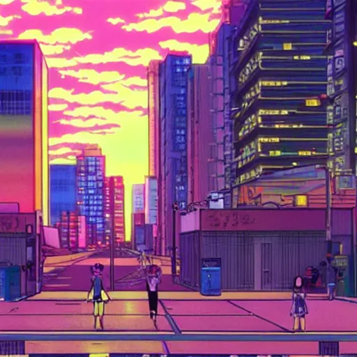 Image similar to new york sunset, sprite, vaporwave nostalgia, directed by beat takeshi, visual novel cg, 8 0 s anime vibe, kimagure orange road, maison ikkoku, sketch by osamu tezuka, directed by makoto shinkai and beat takeshi