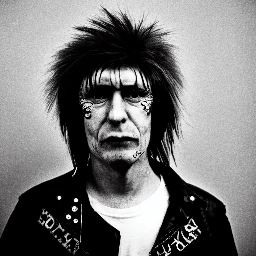 Image similar to a portrait photograph of a english 2 5 - year punk rocker from the 1 9 7 0 s. portrait canon 8 5 mm f 1. 2 photograph head and shoulders portrait