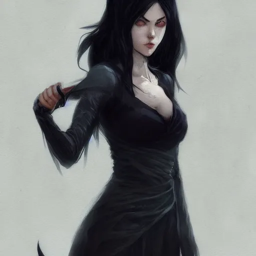 Image similar to female human vampire witch in the style of greg rutkowski, makoto shinkai, trending on artstation, character design, concept art, pretty face, highly detailed, long black hair, portrait, digital art