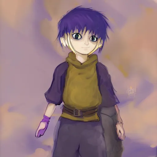 Image similar to little boy wearing an tunic, blonde hair. purple and yellow color palate, detailed soft painting, made in abyss art style, anatomically correct