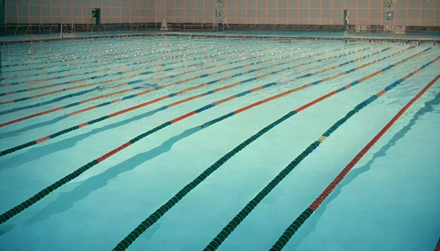 Image similar to 60s movie still of a sovietic stalinist style empty Olympic swimming poil with tiles, cinestill 800t 50mm eastmancolor, liminal Space style, heavy grain-s 150