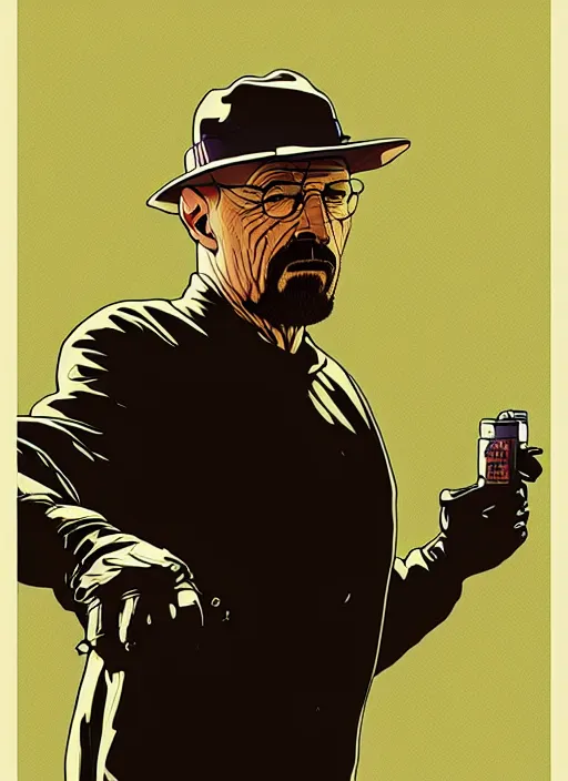 Image similar to highly detailed poster artwork by Michael Whelan and Tomer Hanuka, of Walter White, from scene from Breaking Bad, clean