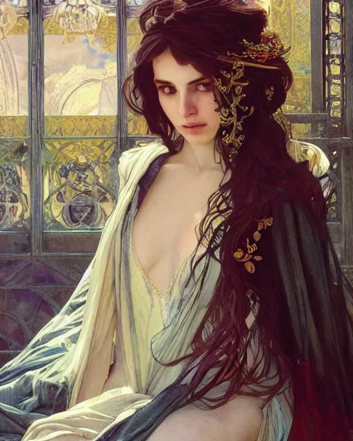 Prompt: a beautiful close up portrait of a sorceress sitting with elegant looks, flowing robe, ornate and flowing, intricate and soft by ruan jia, tom bagshaw, alphonse mucha, krenz cushart, beautiful roman architectural ruins in the background, epic sky, vray render, artstation, deviantart, pinterest, 5 0 0 px models