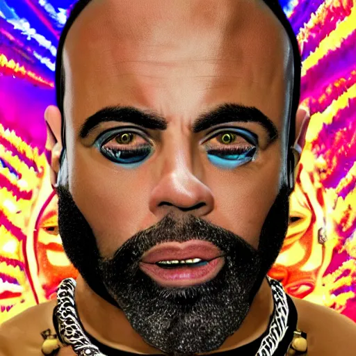 Prompt: a portrait photograph of joe rogan as mr. t wearing many gold chains with a psychedelic dmt background