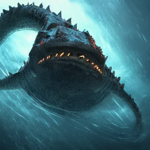 Image similar to top down view of an alien leviathan emerging from a deep ocean during a storm, cinematic lighting, dramatic, masterpiece, trending on artstation