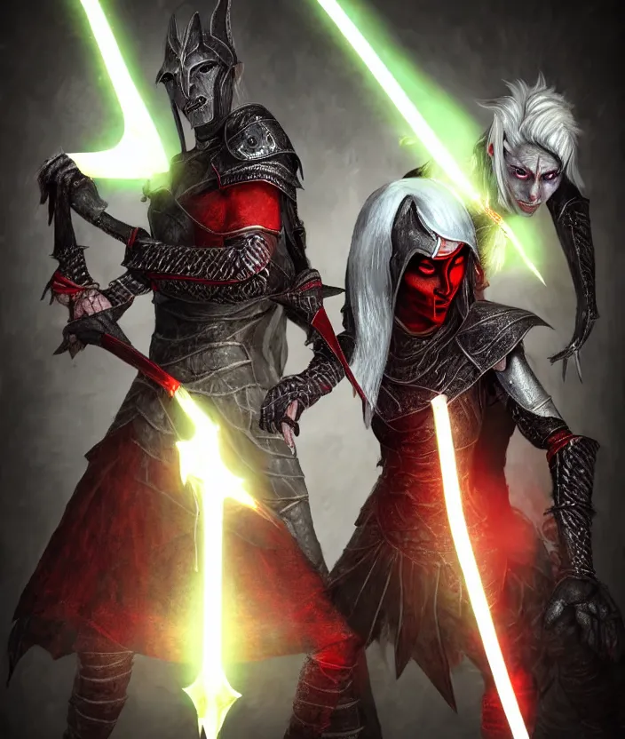 Prompt: Member of the Morag Tong and a member of the Dark Brotherhood team up against a Dark Elf in Daedric armor with white hair and glowing red eyes, Hyper realism, glow, runes, magic, morrowind, Oblivion, Skyrim, dark, gloomy