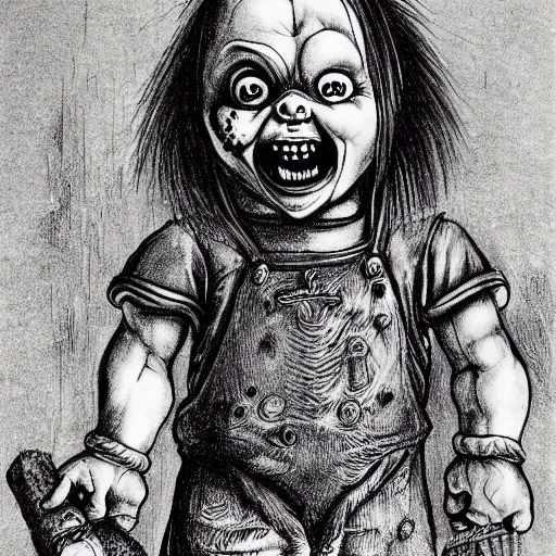 Image similar to drawing of chucky by judson huss and henriette grindat and albrecht durer | horror themed | creepy