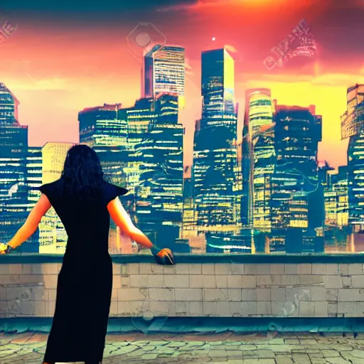 Prompt: cyberpunk girl looking to the city at sunset
