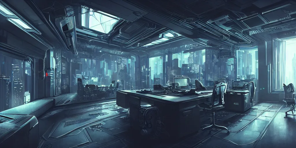 Image similar to ultra detailed photorealistic cyberpunk interior, cinematic light, sci fi, glossy, cybernetic machines, wires, office, robotics, futuristic decor, trending on artstation, global illumination, ultra realistic illustration, matte painting, high detailed, unreal engine, octane render, 4 k, hd, high quality