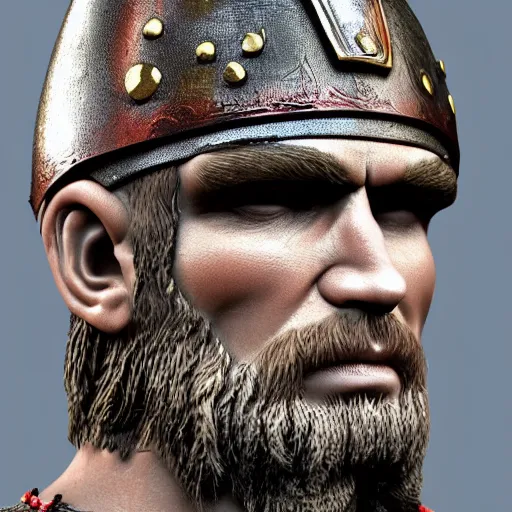 Image similar to of a 3d clay model of a viking from valhalla, wearing the horned helmet ultra fine detail, hair strands, ultra high resolution, fine texture detail, miniature painting techniques, perfect proportions, marvel cinematic universe, eric bana