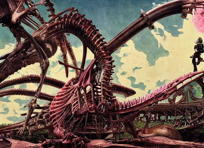 Prompt: figure seated on a whale skeleton, decay, mutation, attack on titan by norman rockwell, greg hildebrandt, whale skeleton, triadic color scheme, by greg rutkowski, exotic vegetation, tristan eaton, victo ngai, pink and yellow, a still from the film alien, beksinski,