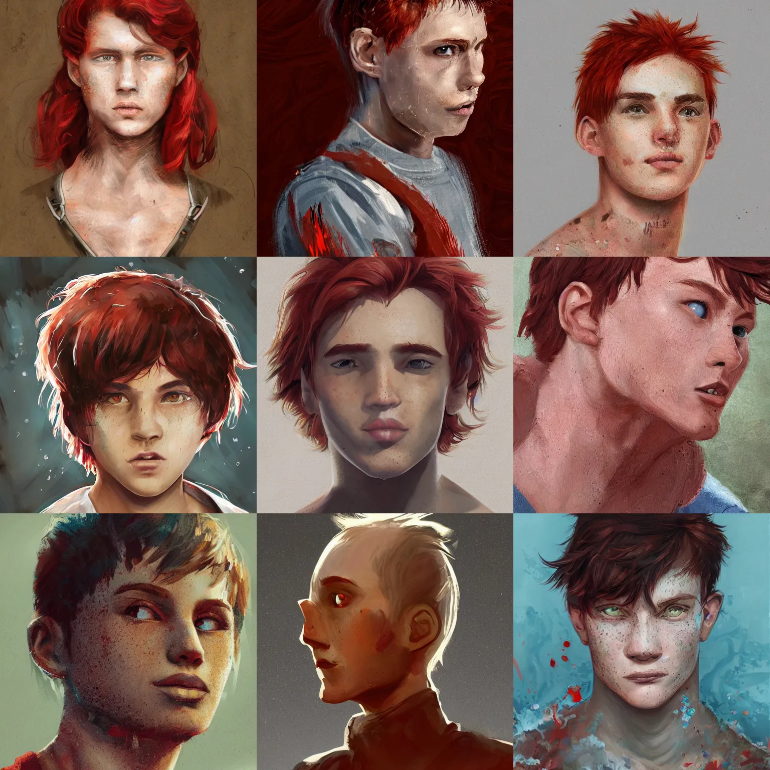 Prompt: portrait of a teen boy with red hair and abundant freckles and a big noise and a stockier build, intricate, elegant, highly detailed, digital painting, artstation, concept art, sharp focus, illustration