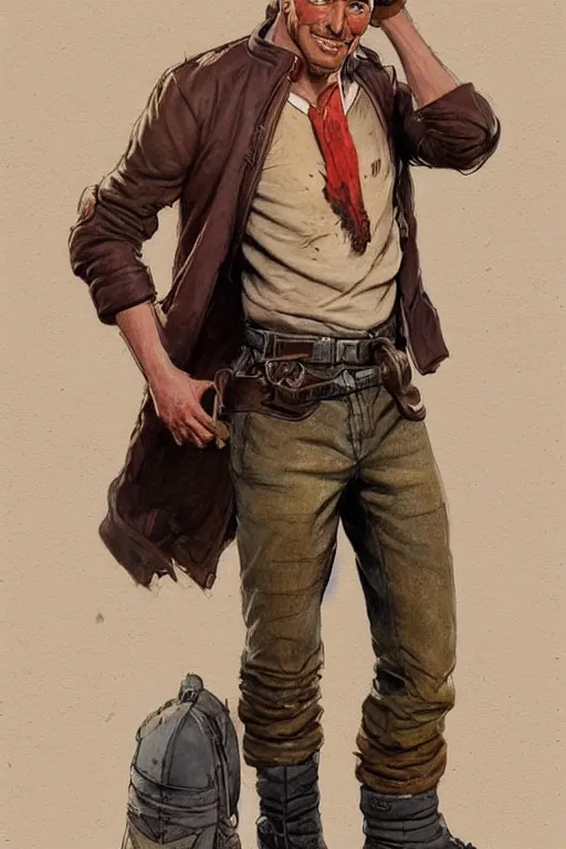 Image similar to character design, reference sheet, whole character, 40's adventurer, unshaven, optimistic, stained dirty clothing, straw hat, heavy boots, red t-shirt, dusty brown bomber leather jacket, detailed, concept art, photorealistic, hyperdetailed, , art by Leyendecker and frazetta,