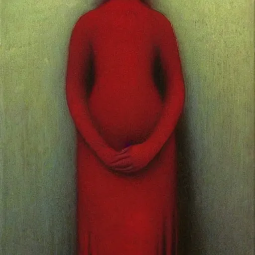 Prompt: young female in crimson dress painting by Beksinski