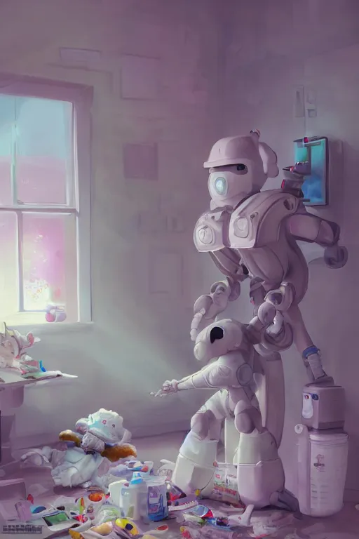 Prompt: Diaper Disposal Robot, Overflowing with Diapers, digital art, fantasy, trending on artstation, professional illustration, cgsociety, ultra detailed, volumetric lighting, celshaded, colorful, girly bedroom