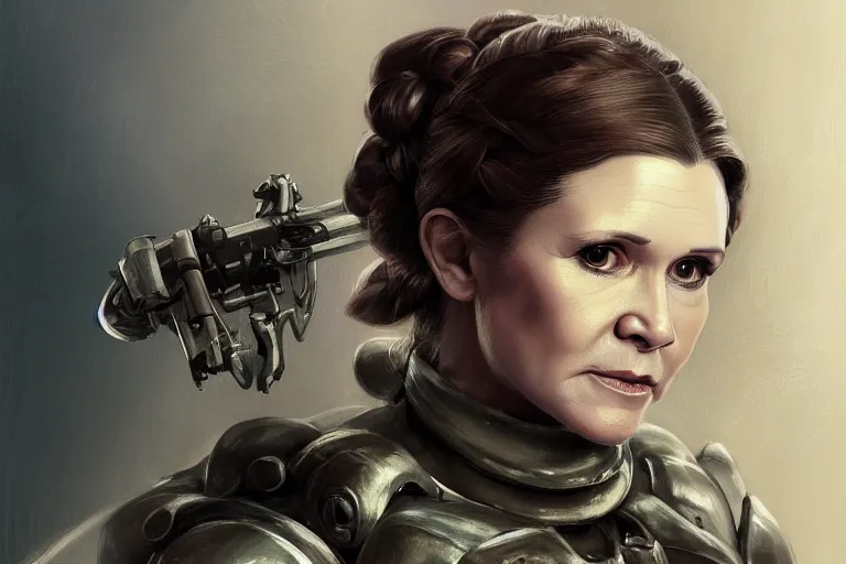 Image similar to a finely detailed portrait of Carrie Fisher, clothed in battle armor, olive skin, long dark hair, beautiful bone structure, symmetrical facial features, intricate, elegant, digital painting, trending on Artstation, concept art, smooth, sharp focus, illustration, from Metal Gear by Ruan Jia and Mandy Jurgens and Artgerm and Greg Rutkowski, award winning