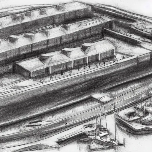 Prompt: a detailed charcoal sketch of the Halifax waterfront