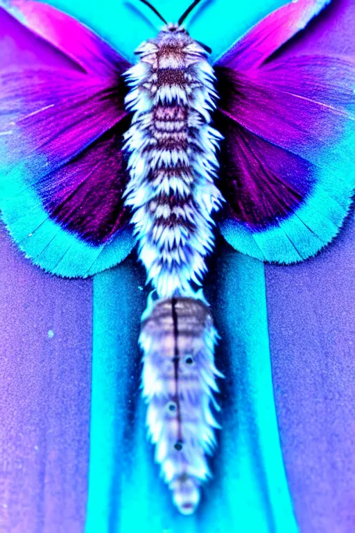 Image similar to high quality macro photo pearlescent furry moth! jeweled gorgeous! highly detailed david ligare elson peter cinematic purple neon lighting high quality low angle hd 8k sharp shallow depth of field