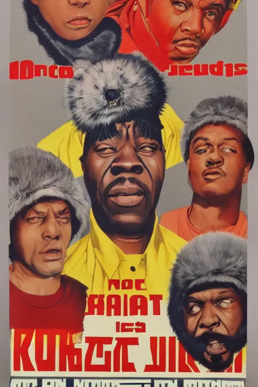 Prompt: poster the movie 1 9 8 8 ussr don't be a menace to south central while drinking your juice in the hood, perfect symmetrical eye, gray fur hat soviet soviet russian winter fur cap with earflaps ushanka, bottle of vodka, bears, kremlin babushka communist criminal