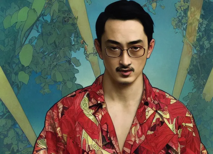 Image similar to Filthy Frank wearing red luxuruous hawaiian vintage shirt, rule of thirds, accurately portrayed, portrait art by alphonse mucha and greg rutkowski, highly detailed, digital painting, concept art, illustration, ethereal lighting with twilight rays of sunlight, trending on artstation, very detailed, smooth, sharp focus, octane render, close up