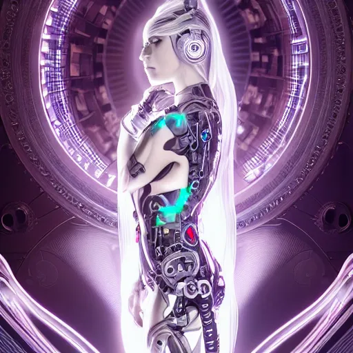 Image similar to symmetrical feminine cyborg goddess rendered in Cinema 4D and Octane and Unreal Engine 5, elegant cybernetic body and ornate futuristic outfit, glowing white neon eyes, platinum and obsidian flowing long hair, art by Artgerm, Beeple and Alphonse Mucha, hyperrealism, full body photogenic shot, digital render, cinematic lighting ornate earrings, 8k resolution, masterpiece work