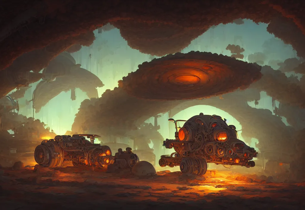 Image similar to chubby futuristic mining cart in a dark cave filled with giant brown mushrooms, intricate oil painting, high detail illustration, sharp high detail, manga and anime 1 9 9 9, official fanart behance hd artstation by jesper ejsing and makoto shinkai, 4 k,