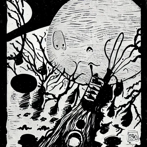 Image similar to ghosts, spirits on bayou, heavy ink, moon in sky, green, mike mignola