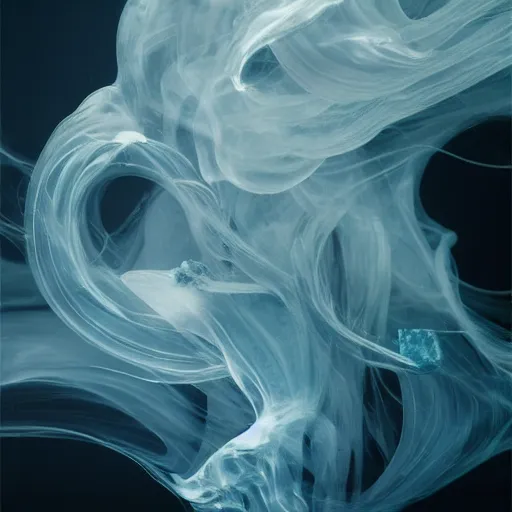 Image similar to A beautiful form made of pale blue smoke in the style of Aldo Katayanagi + Thick Milky Smoke + Mother Of Pearl +Milk and ink+ Creamy smoky Elements + Moody Cinematic Lighting + Deep Shadows + Hyper Realistic + Intricate Eldritch tendrils + 8K portrait + fluid dynamics