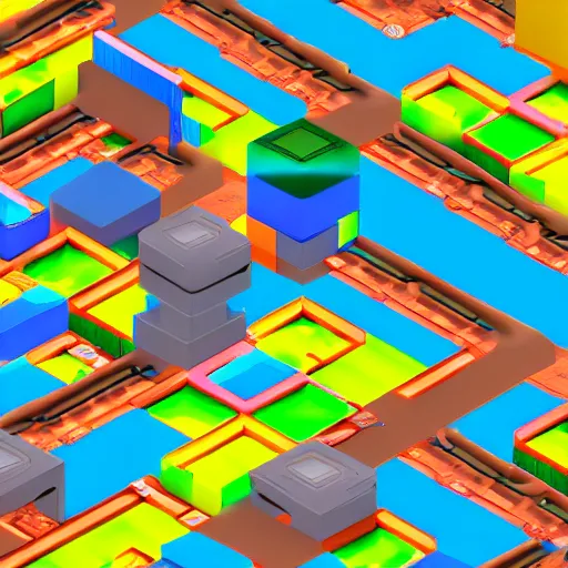 Image similar to futuristic city on a mountainside, colorful city, q - bert blocks, colorful blocks on hillside, 3 d blocks, cel - shading, cel - shaded, 2 0 0 1 anime, bright sunshine